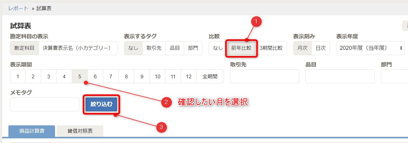 freee 売上高 前年同月との比較方法
